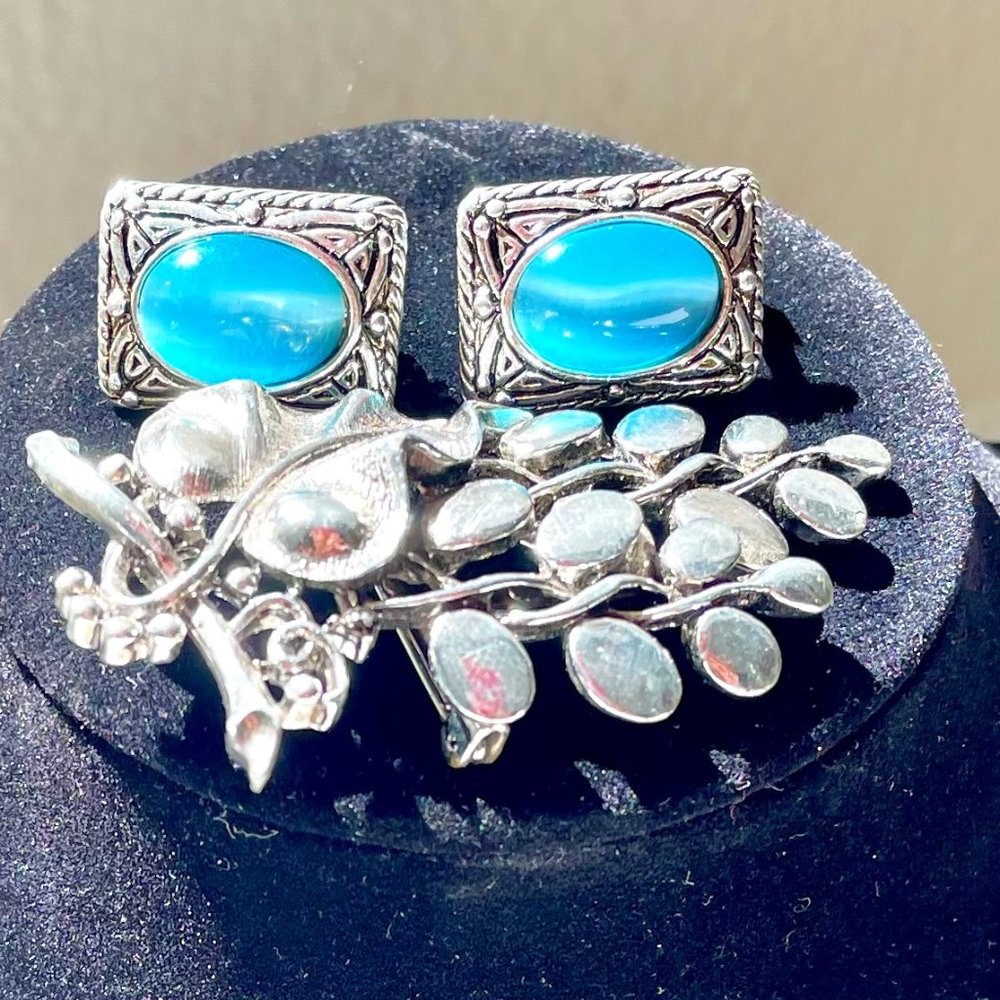 Sterling  Genuine cat eye filigree earrings & artistic grapevine sterling Brooch